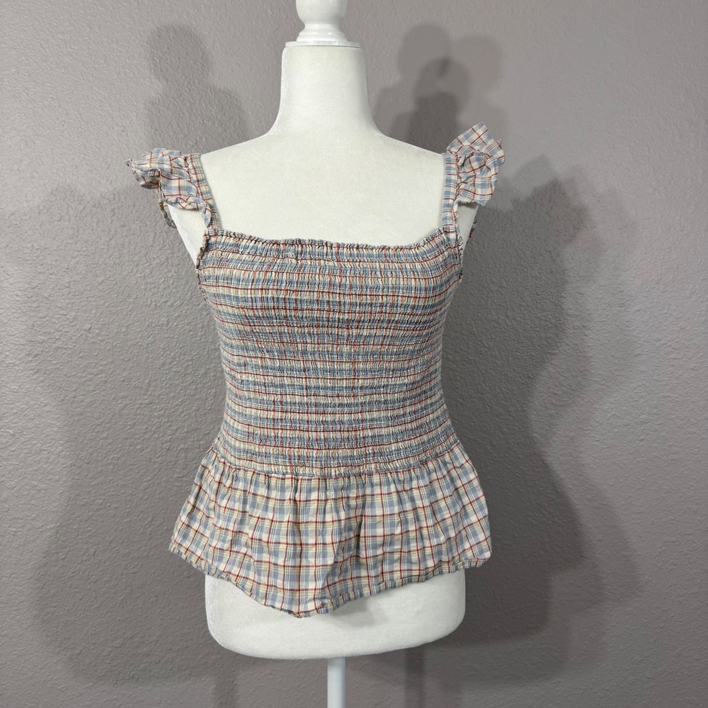 Madewell Women's Size 4 Plaid Lucie Smocked Peplum Top 100% Cotton Ruffle Sleeve